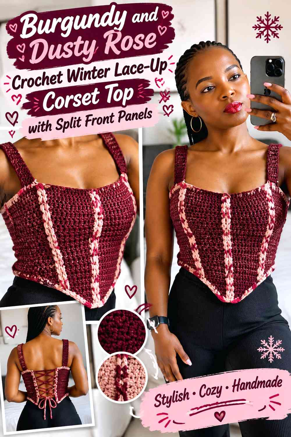Burgundy and Dusty Rose Crochet Winter Lace-Up Corset Top with Split Front Panels