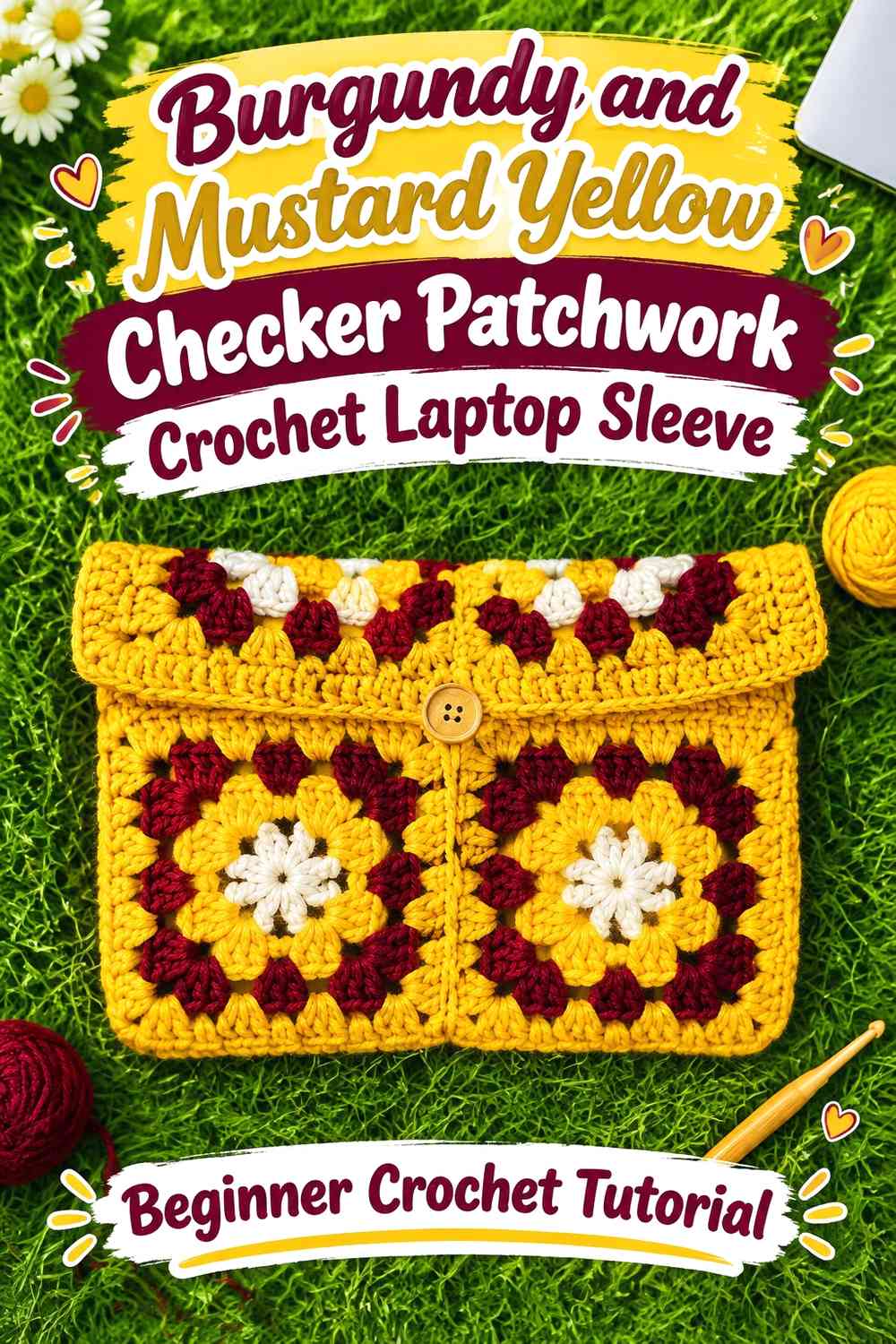 Burgundy and Mustard Yellow Checker Patchwork Crochet Laptop Sleeve
