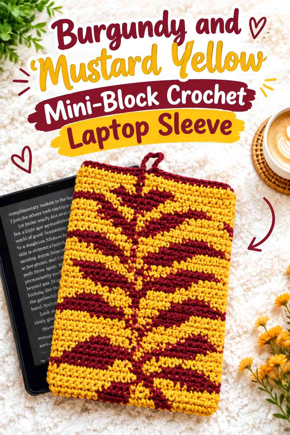 Burgundy and Mustard Yellow Mini-Block Crochet Laptop Sleeve