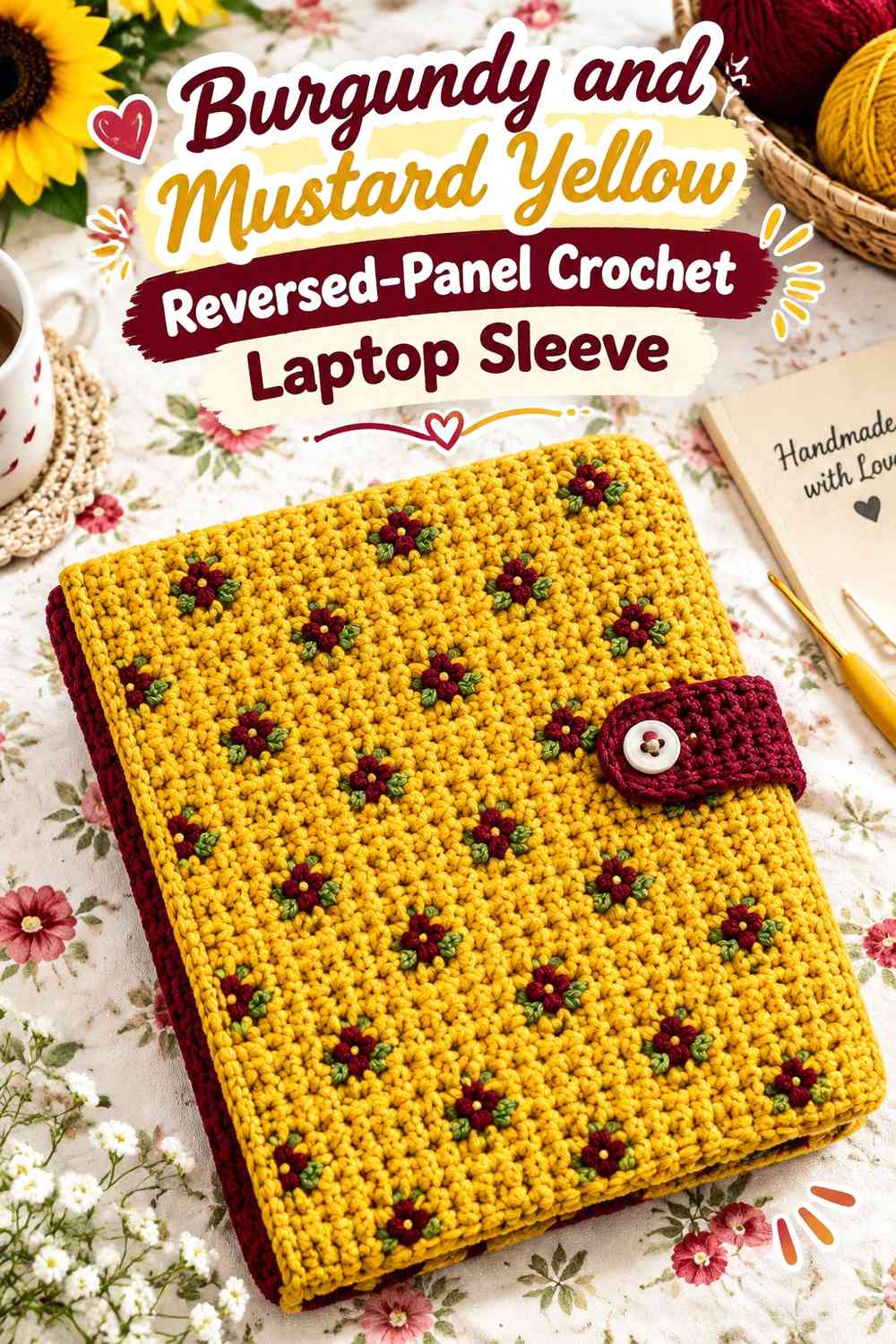 Burgundy and Mustard Yellow Reversed-Panel Crochet Laptop Sleeve