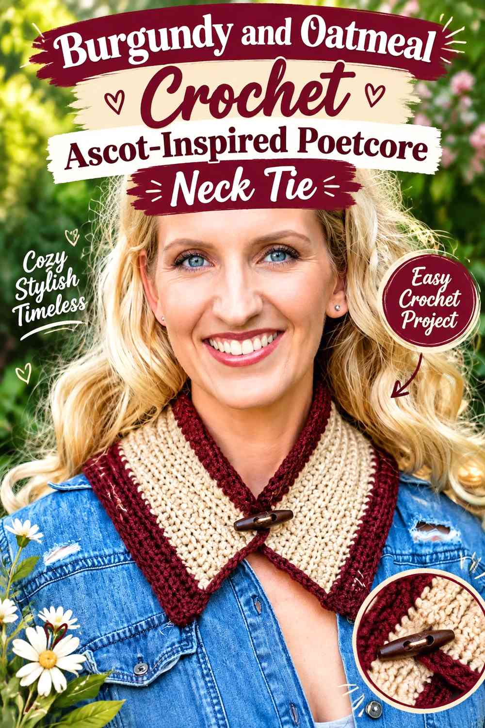 Burgundy and Oatmeal Crochet Ascot-Inspired Poetcore Neck Tie
