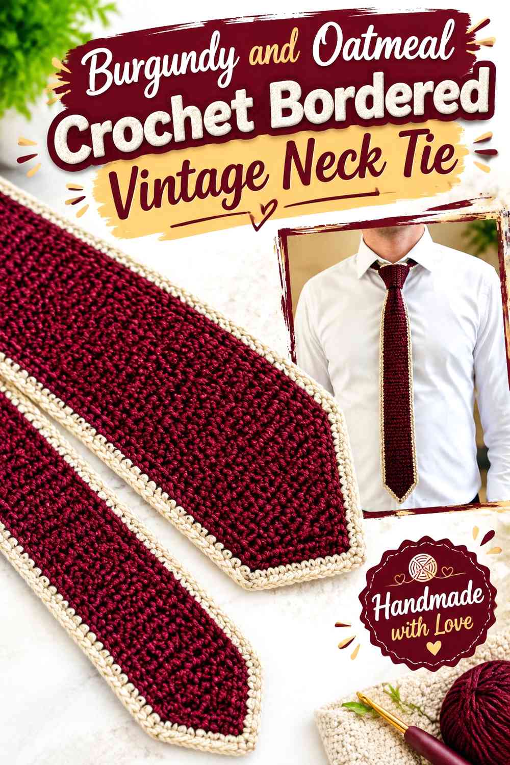 Burgundy and Oatmeal Crochet Bordered Vintage Neck Tie