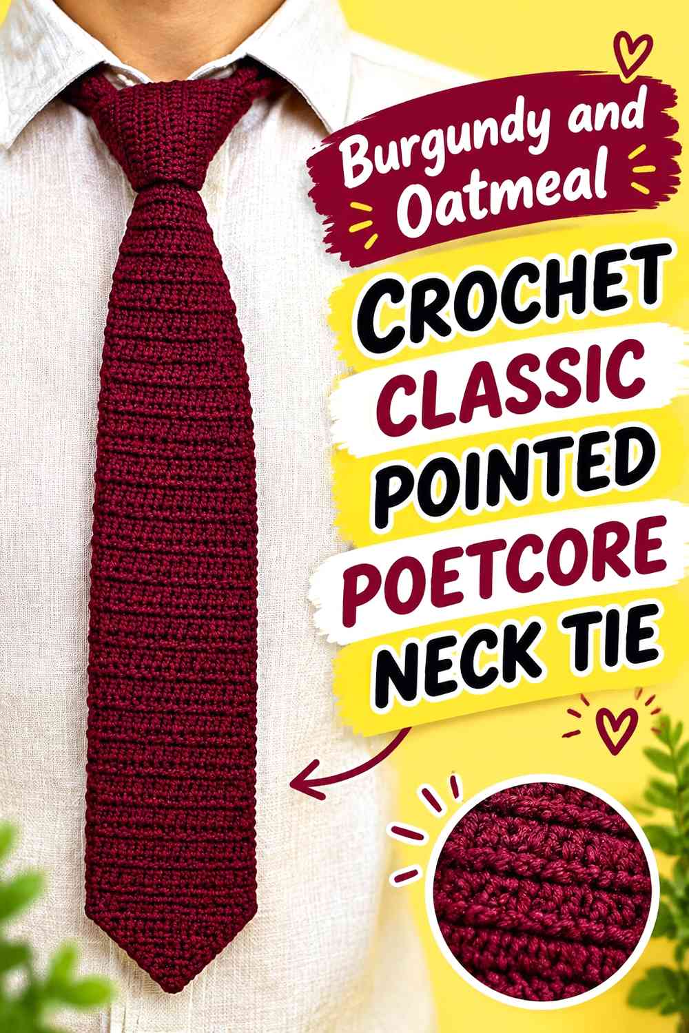 Burgundy and Oatmeal Crochet Classic Pointed Poetcore Neck Tie