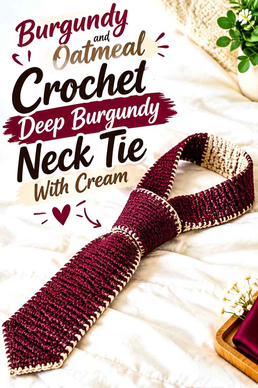 Burgundy and Oatmeal Crochet Deep Burgundy Neck Tie With Cream