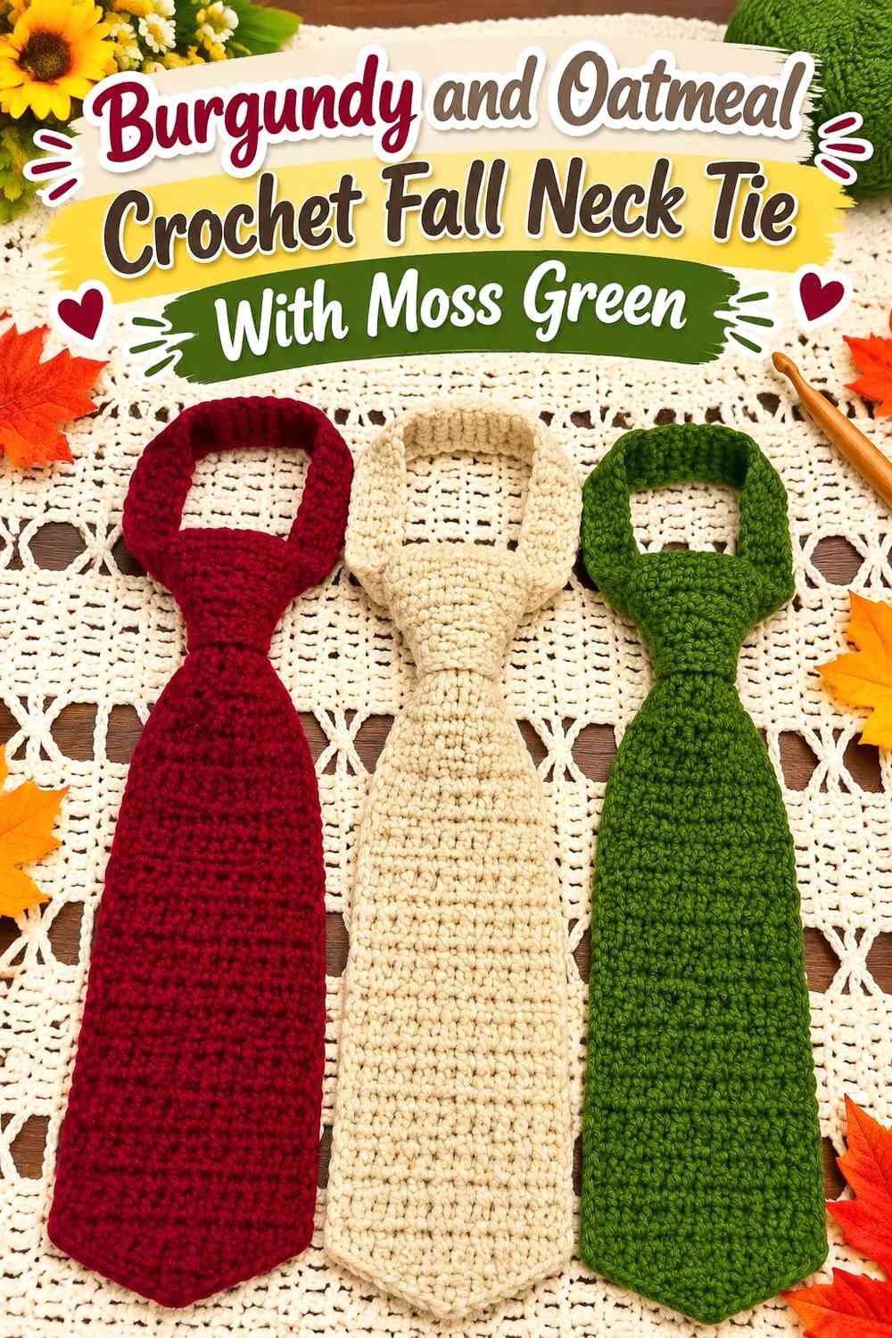Burgundy and Oatmeal Crochet Fall Neck Tie With Moss Green