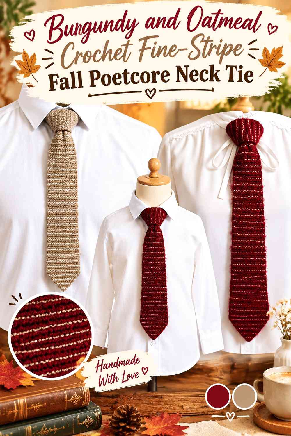 Burgundy and Oatmeal Crochet Fine-Stripe Fall Poetcore Neck Tie