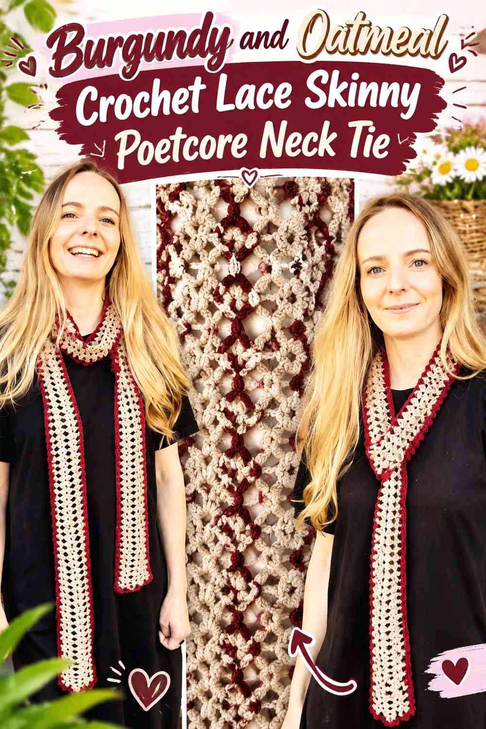 Burgundy and Oatmeal Crochet Lace Skinny Poetcore Neck Tie