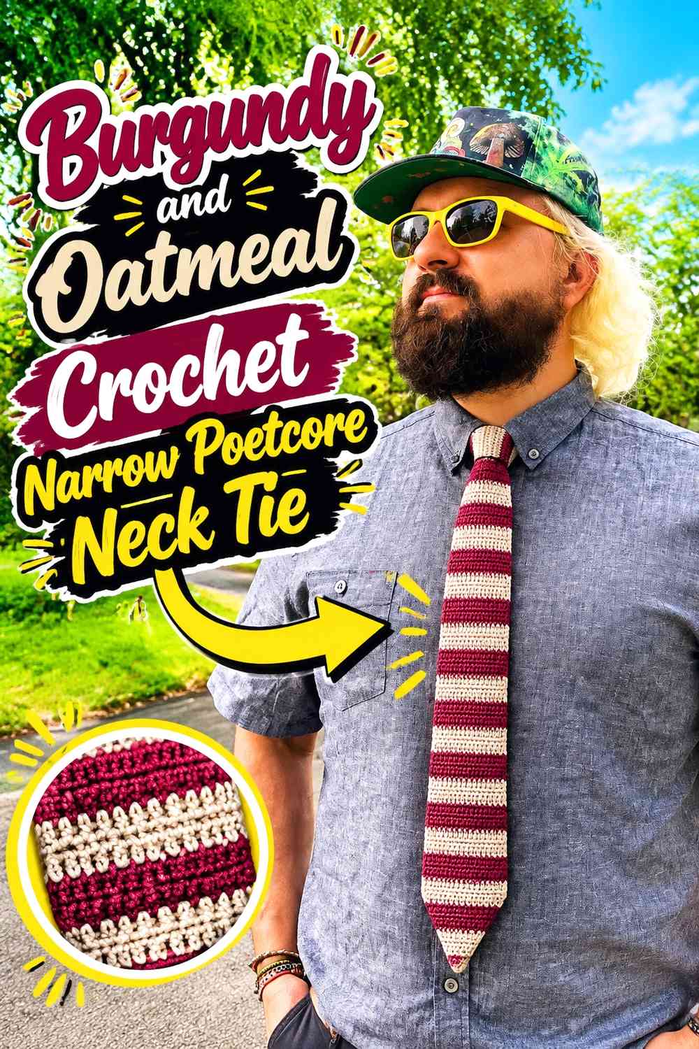 Burgundy and Oatmeal Crochet Narrow Poetcore Neck Tie