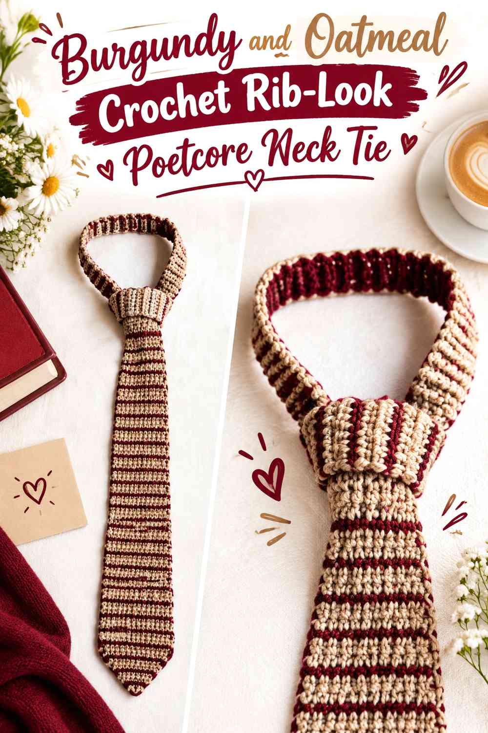 Burgundy and Oatmeal Crochet Rib-Look Poetcore Neck Tie