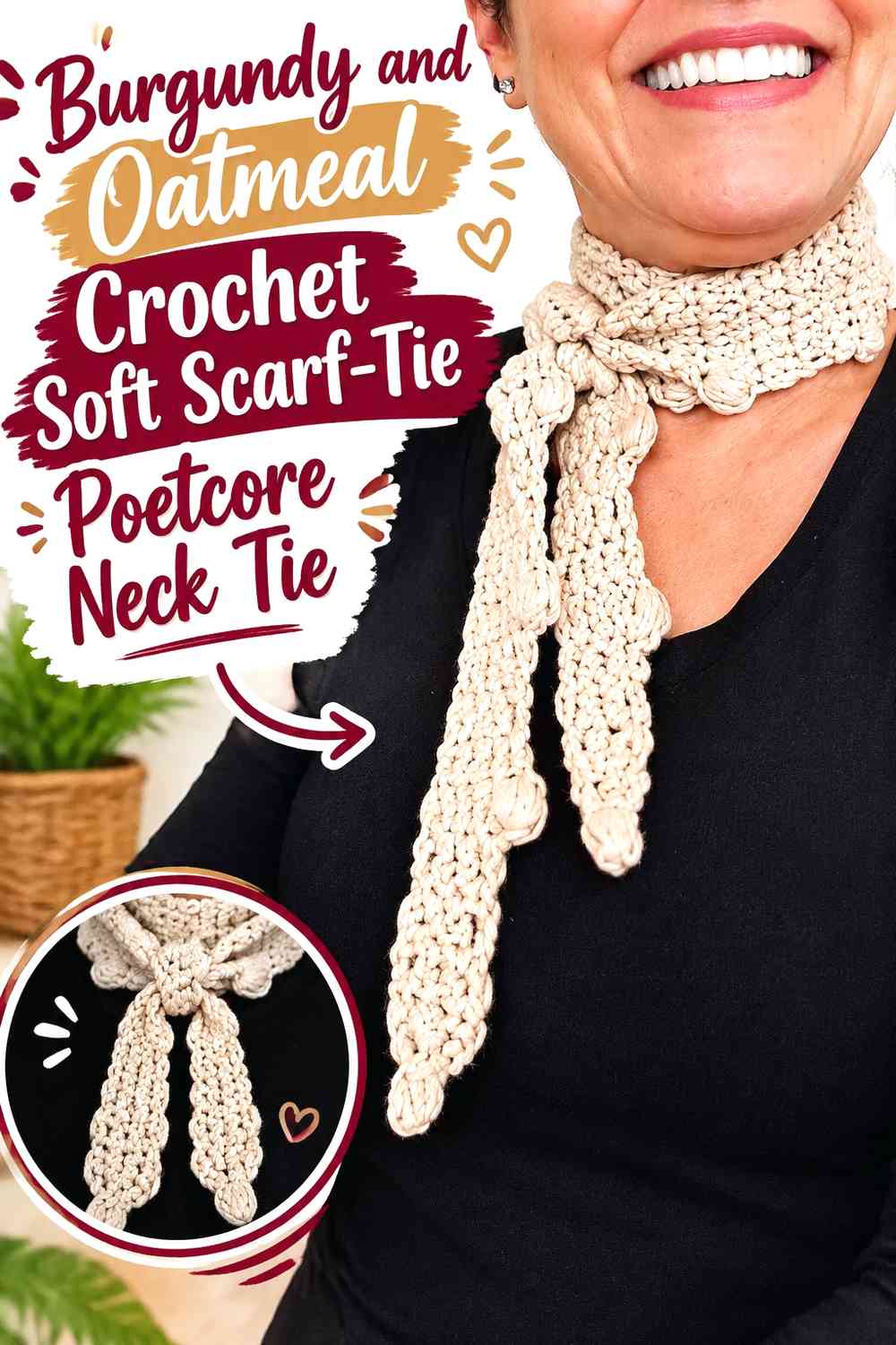 Burgundy and Oatmeal Crochet Soft Scarf-Tie Poetcore Neck Tie