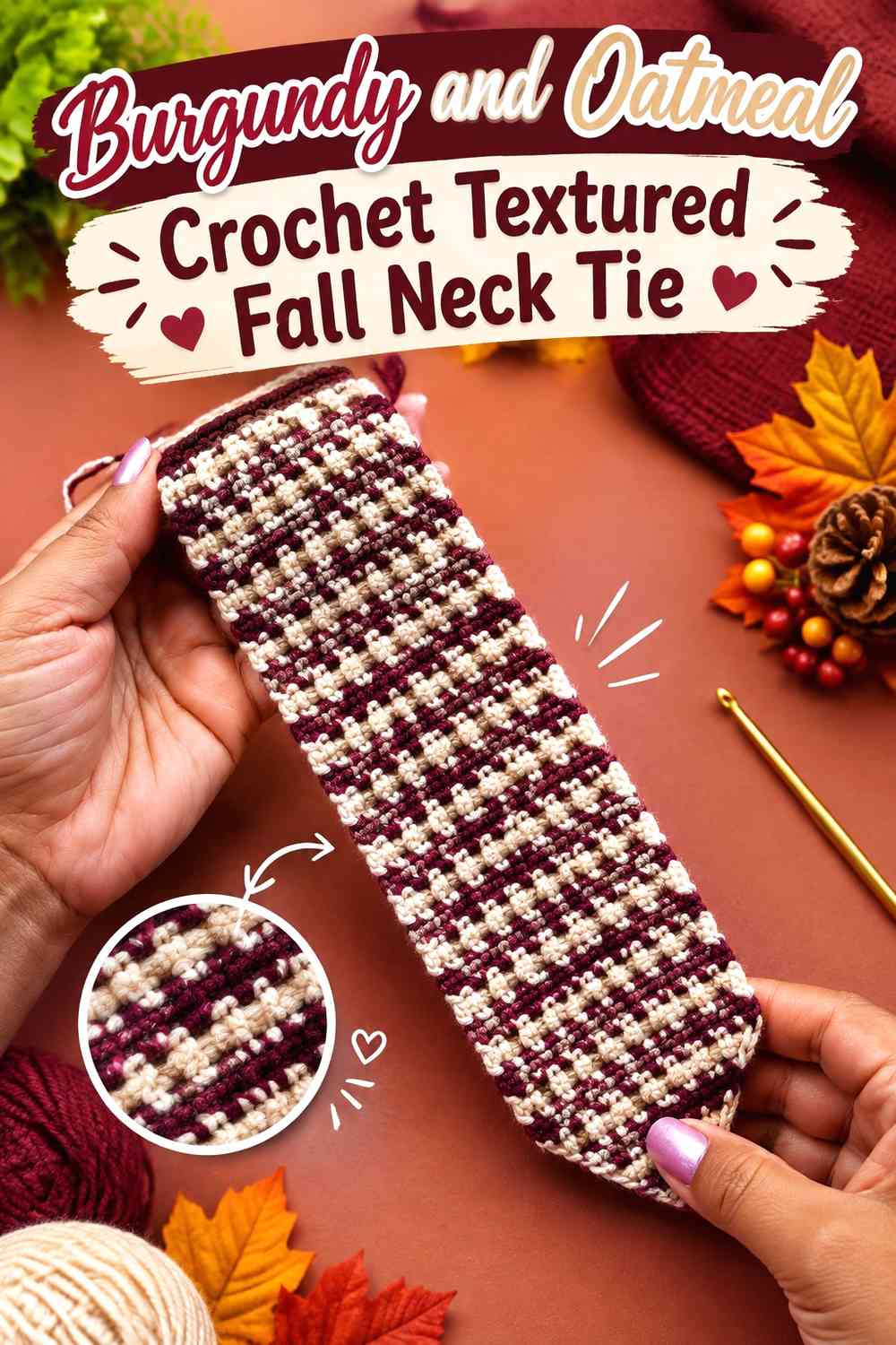Burgundy and Oatmeal Crochet Textured Fall Neck Tie
