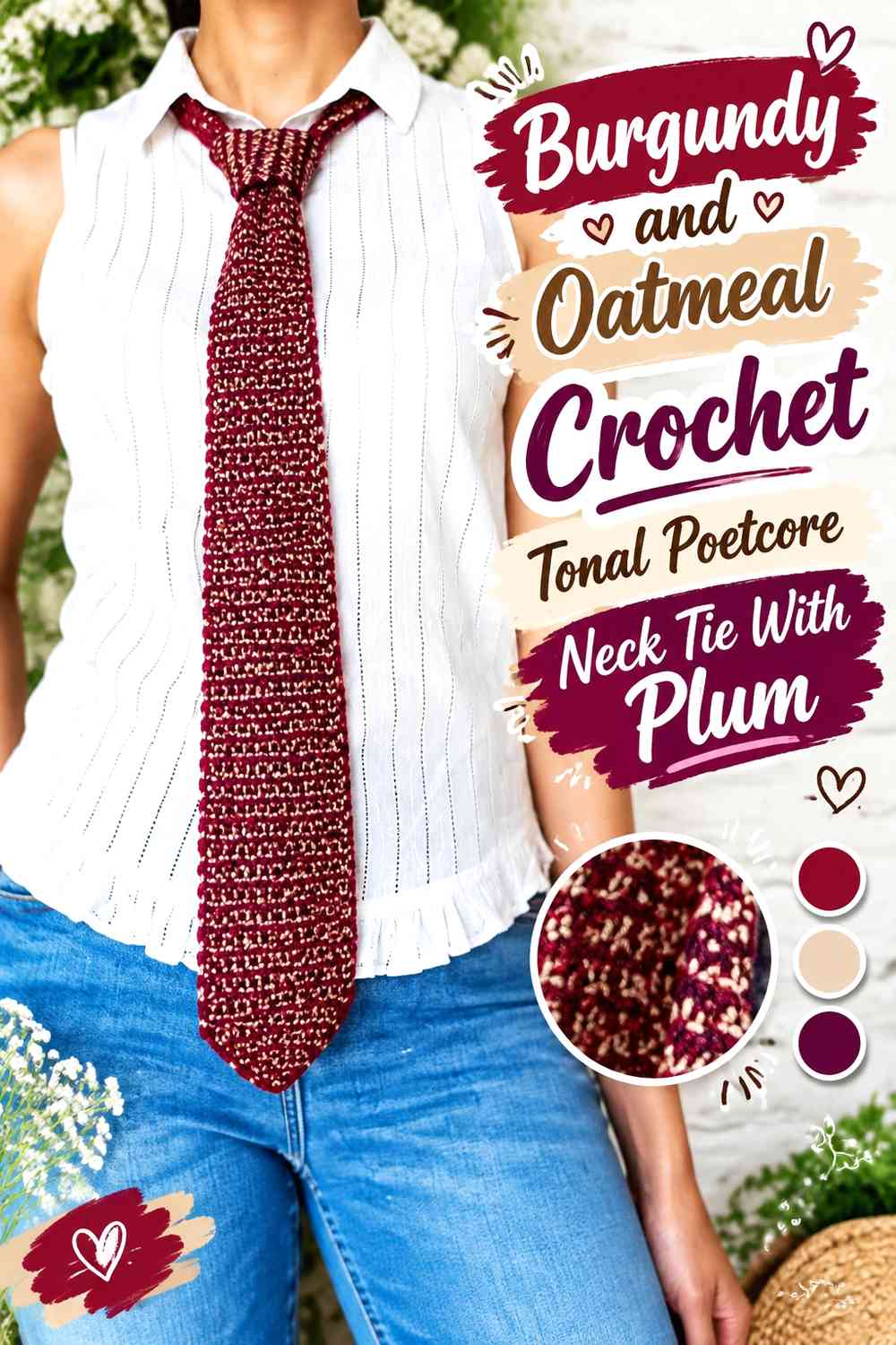 Burgundy and Oatmeal Crochet Tonal Poetcore Neck Tie With Plum