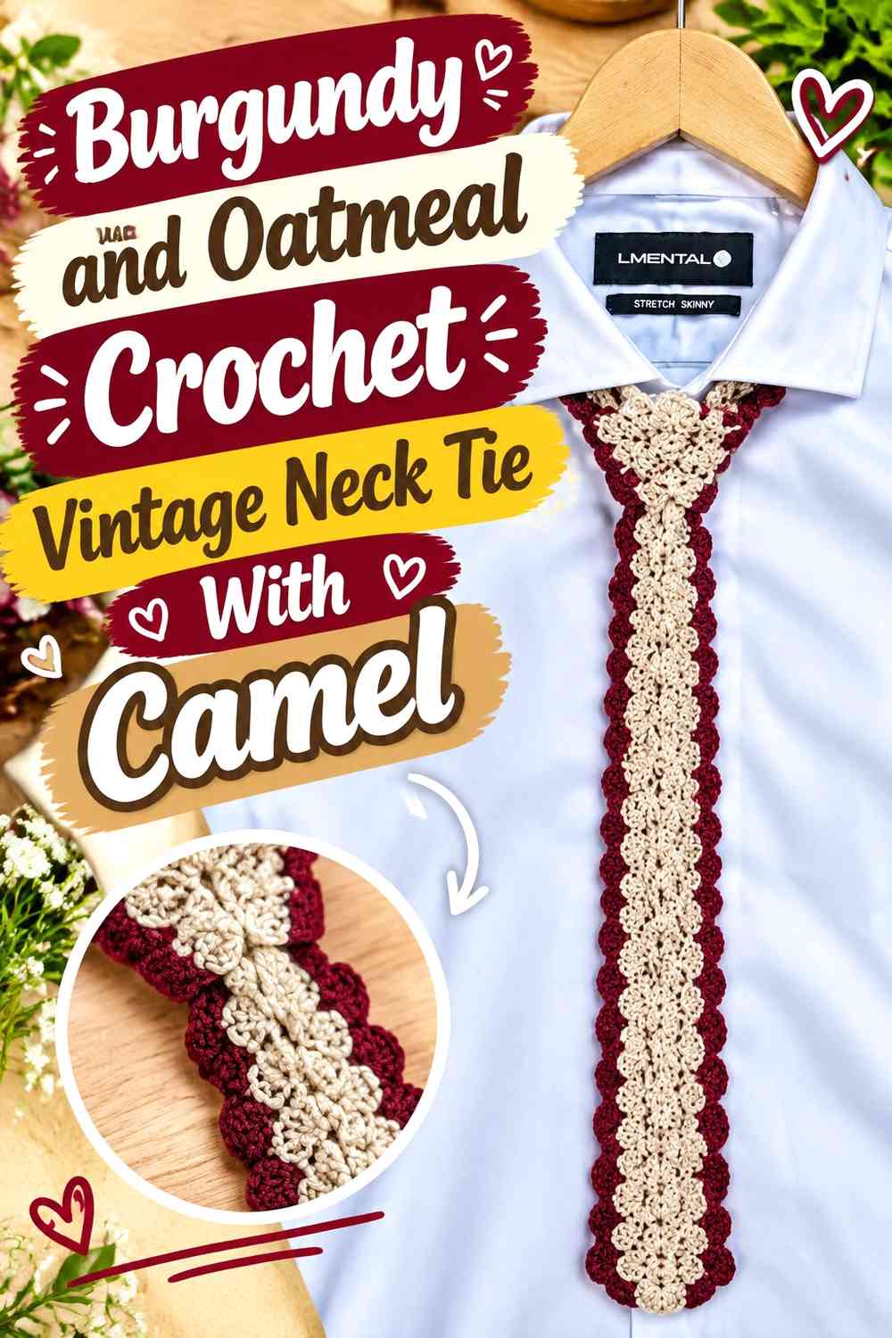 Burgundy and Oatmeal Crochet Vintage Neck Tie With Camel