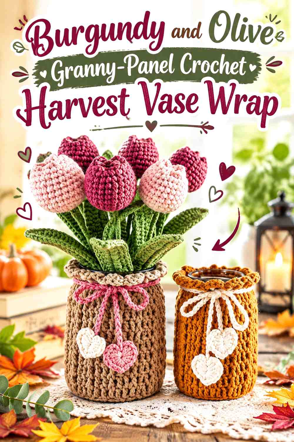 Burgundy and Olive Granny-Panel Crochet Harvest Vase Wrap