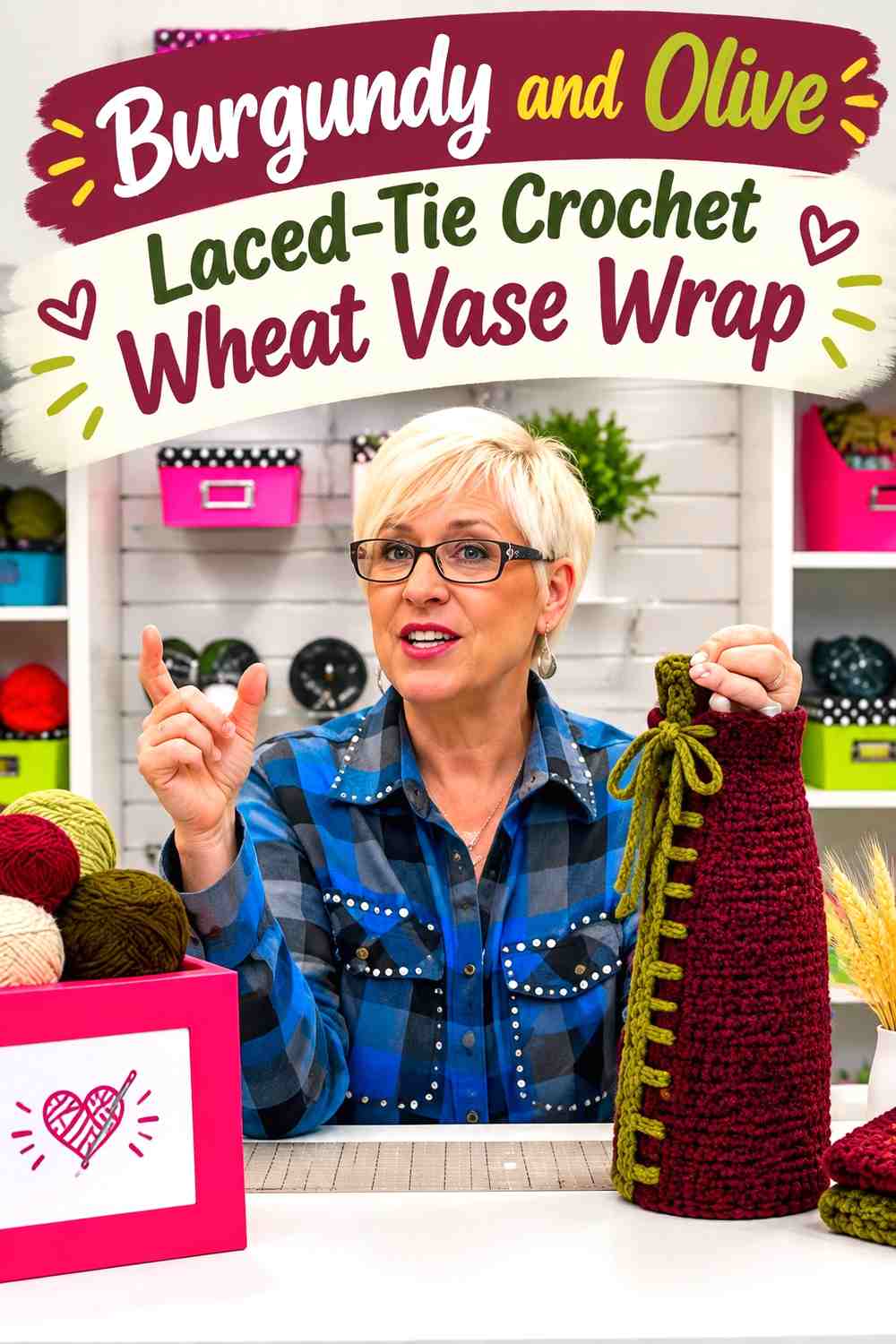 Burgundy and Olive Laced-Tie Crochet Wheat Vase Wrap