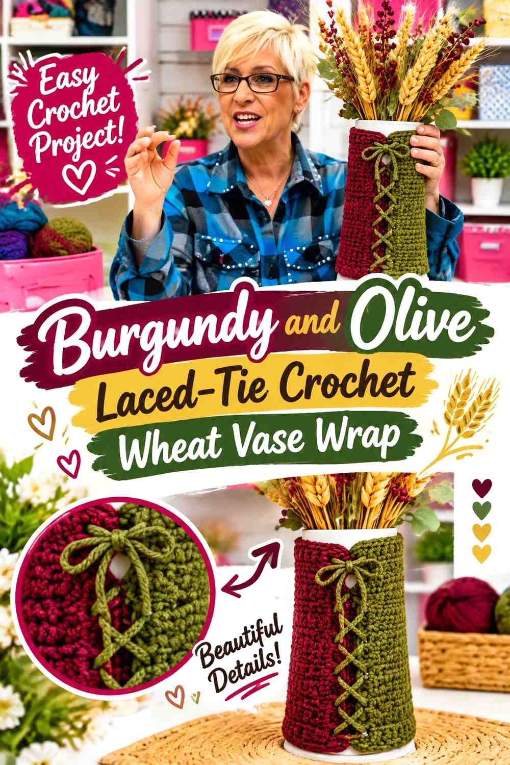 Burgundy and Olive Laced-Tie Crochet Wheat Vase Wrap
