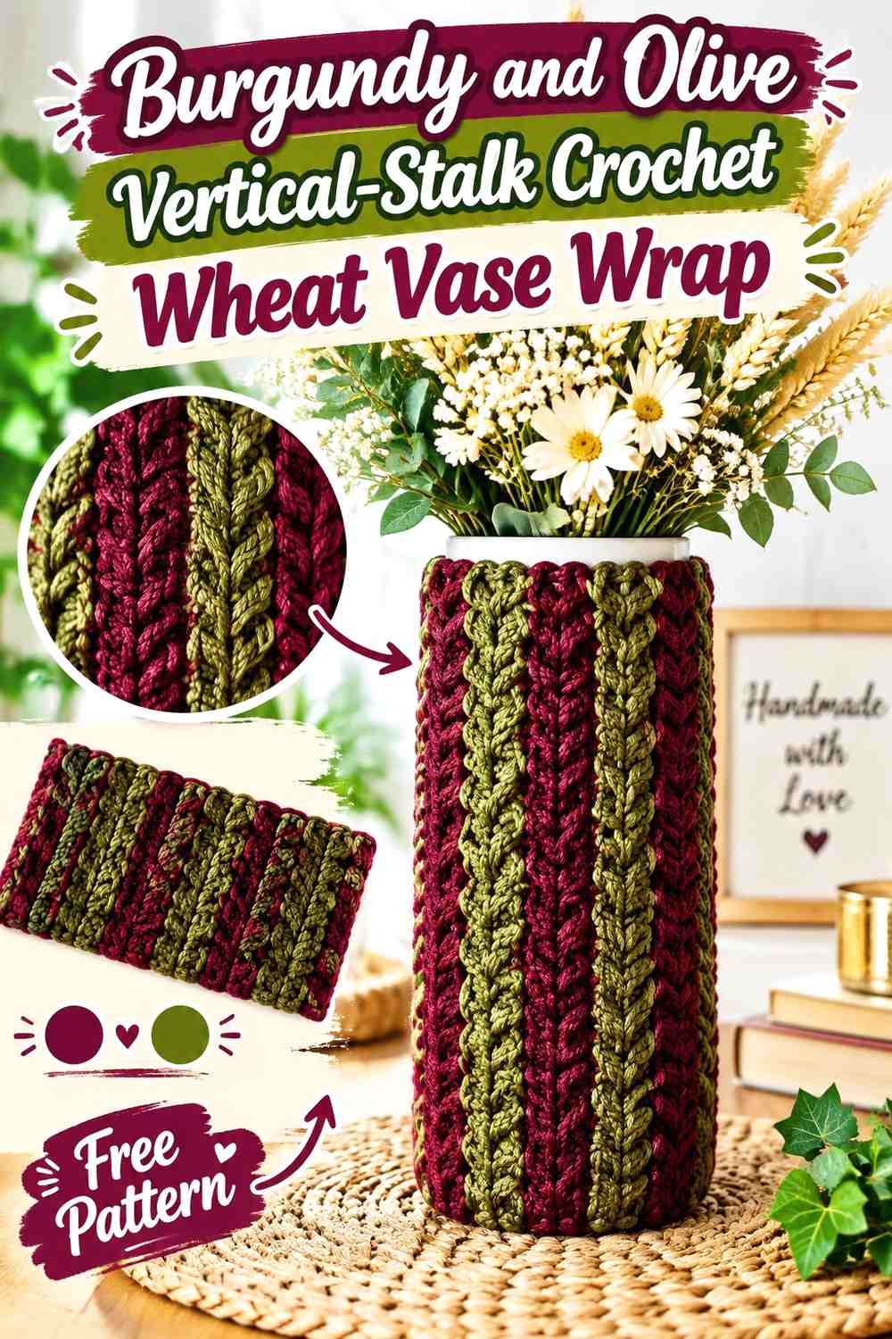 Burgundy and Olive Vertical-Stalk Crochet Wheat Vase Wrap