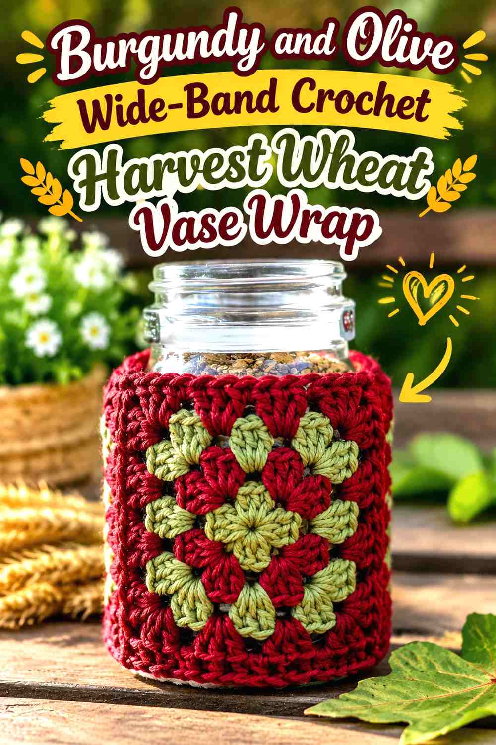 Burgundy and Olive Wide-Band Crochet Harvest Wheat Vase Wrap