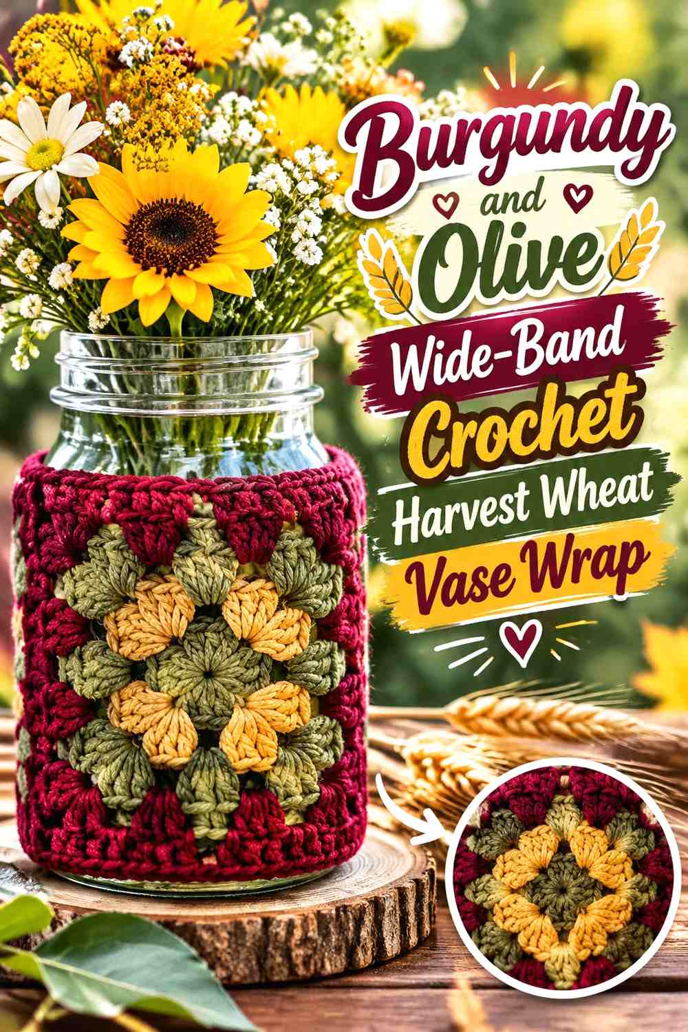 Burgundy and Olive Wide-Band Crochet Harvest Wheat Vase Wrap