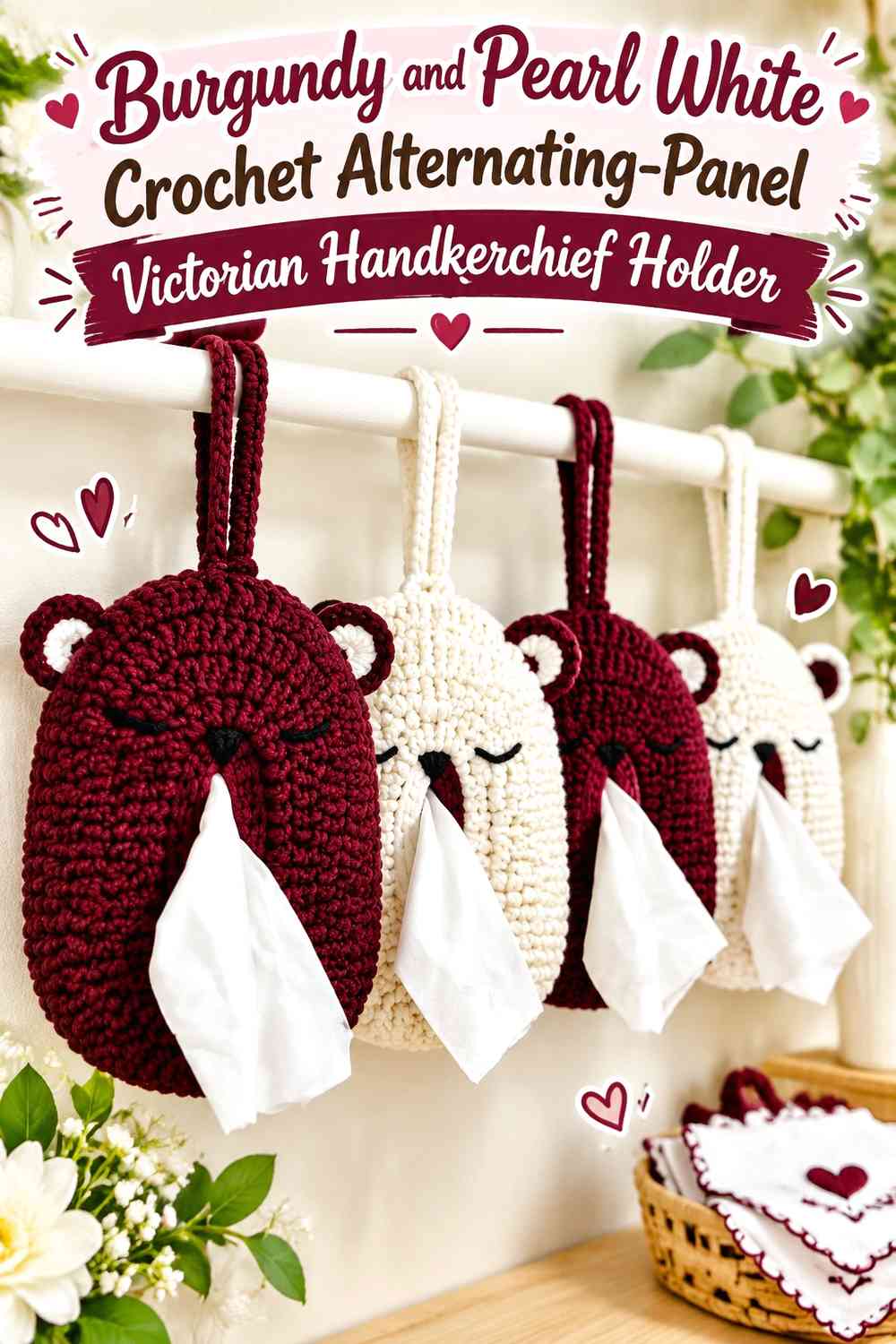 Burgundy and Pearl White Crochet Alternating-Panel Victorian Handkerchief Holder