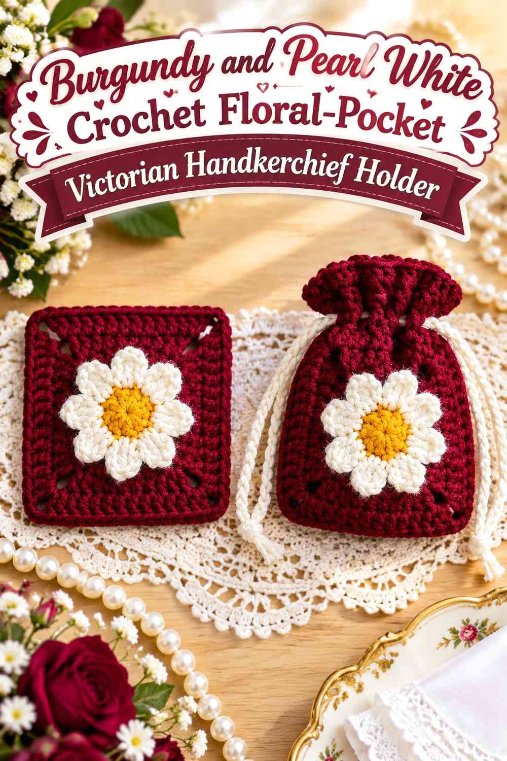 Burgundy and Pearl White Crochet Floral-Pocket Victorian Handkerchief Holder