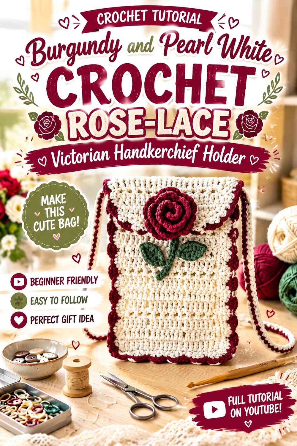Burgundy and Pearl White Crochet Rose-Lace Victorian Handkerchief Holder
