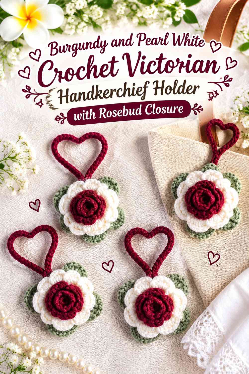 Burgundy and Pearl White Crochet Victorian Handkerchief Holder with Rosebud Closure