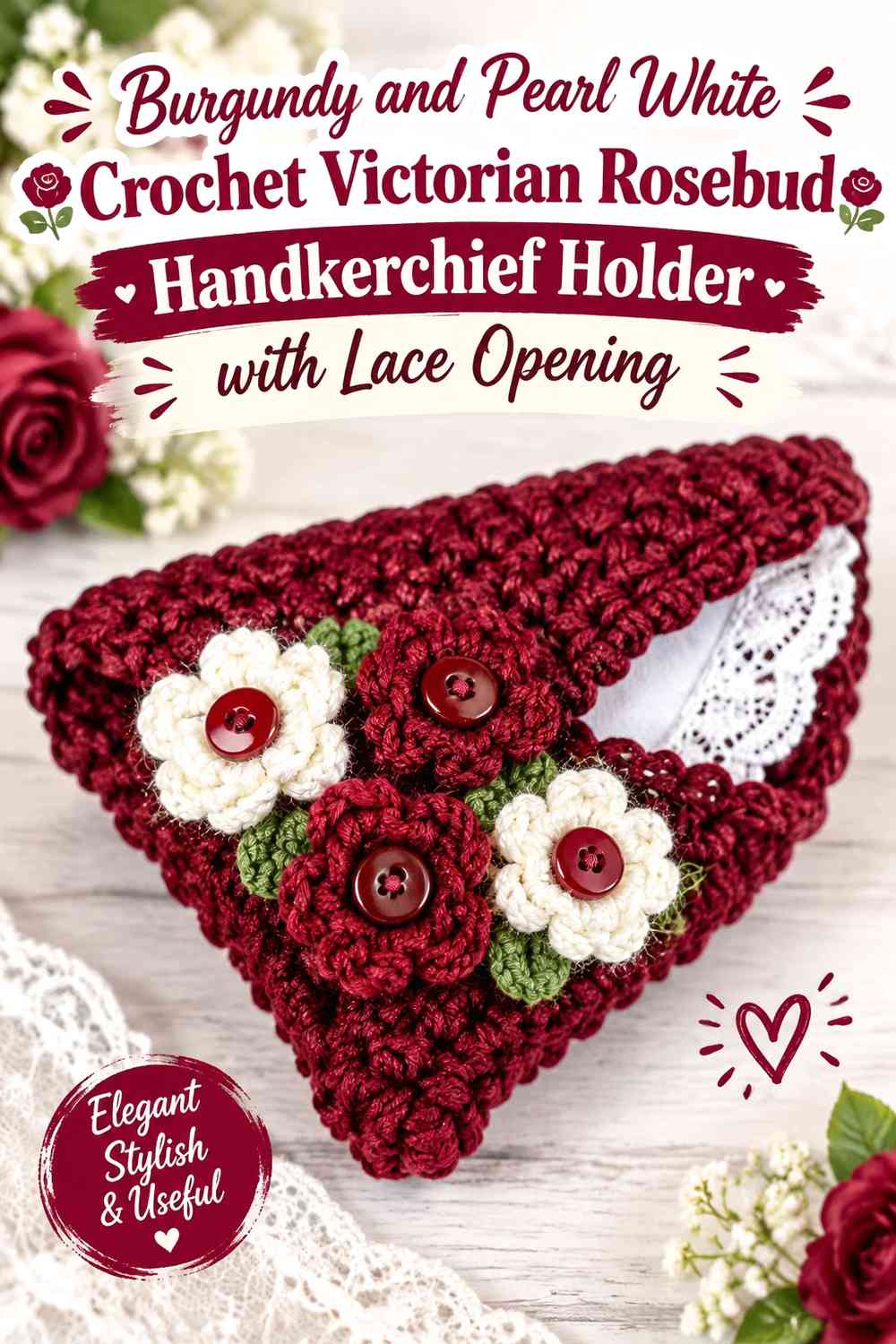 Burgundy and Pearl White Crochet Victorian Rosebud Handkerchief Holder with Lace Opening