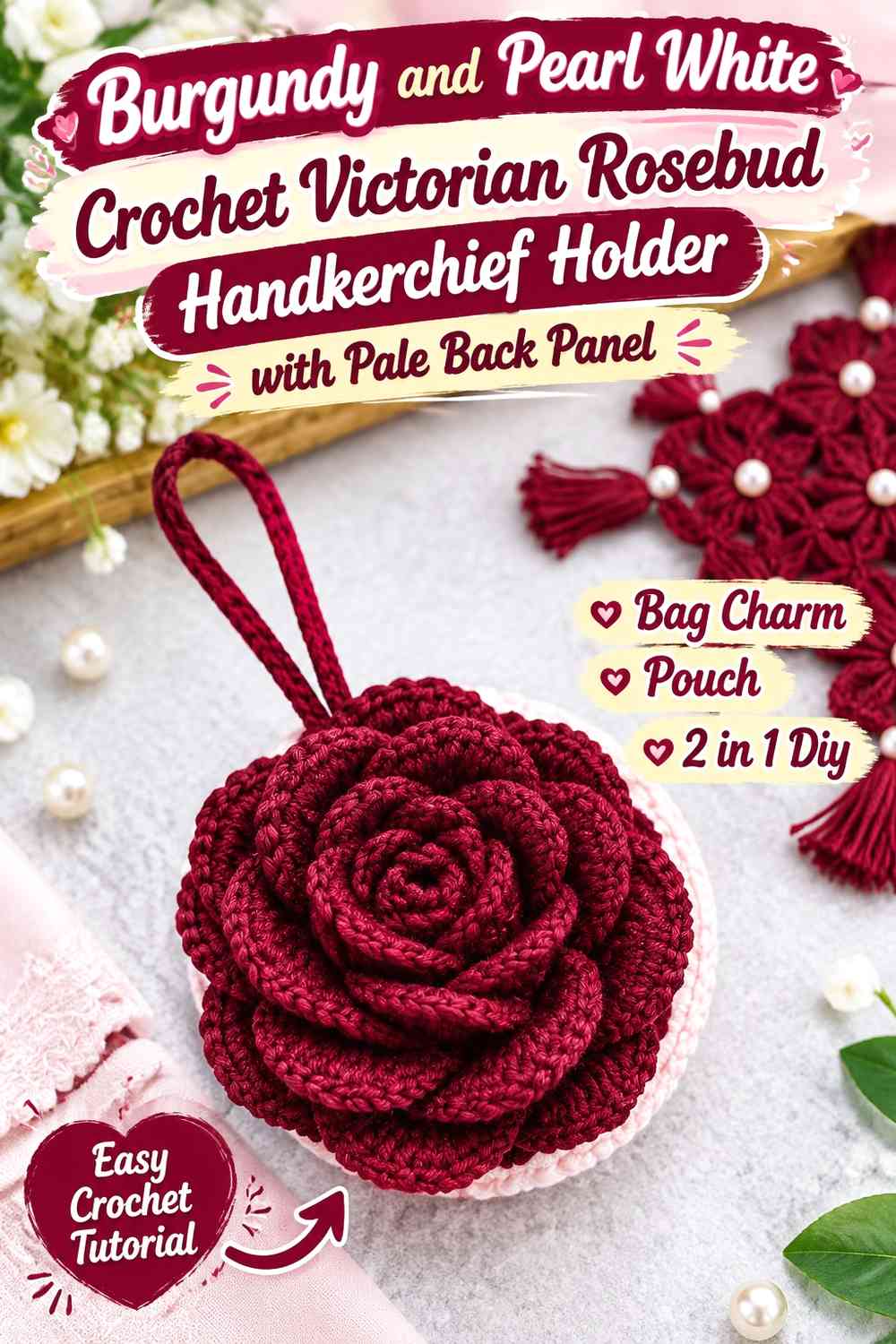 Burgundy and Pearl White Crochet Victorian Rosebud Handkerchief Holder with Pale Back Panel