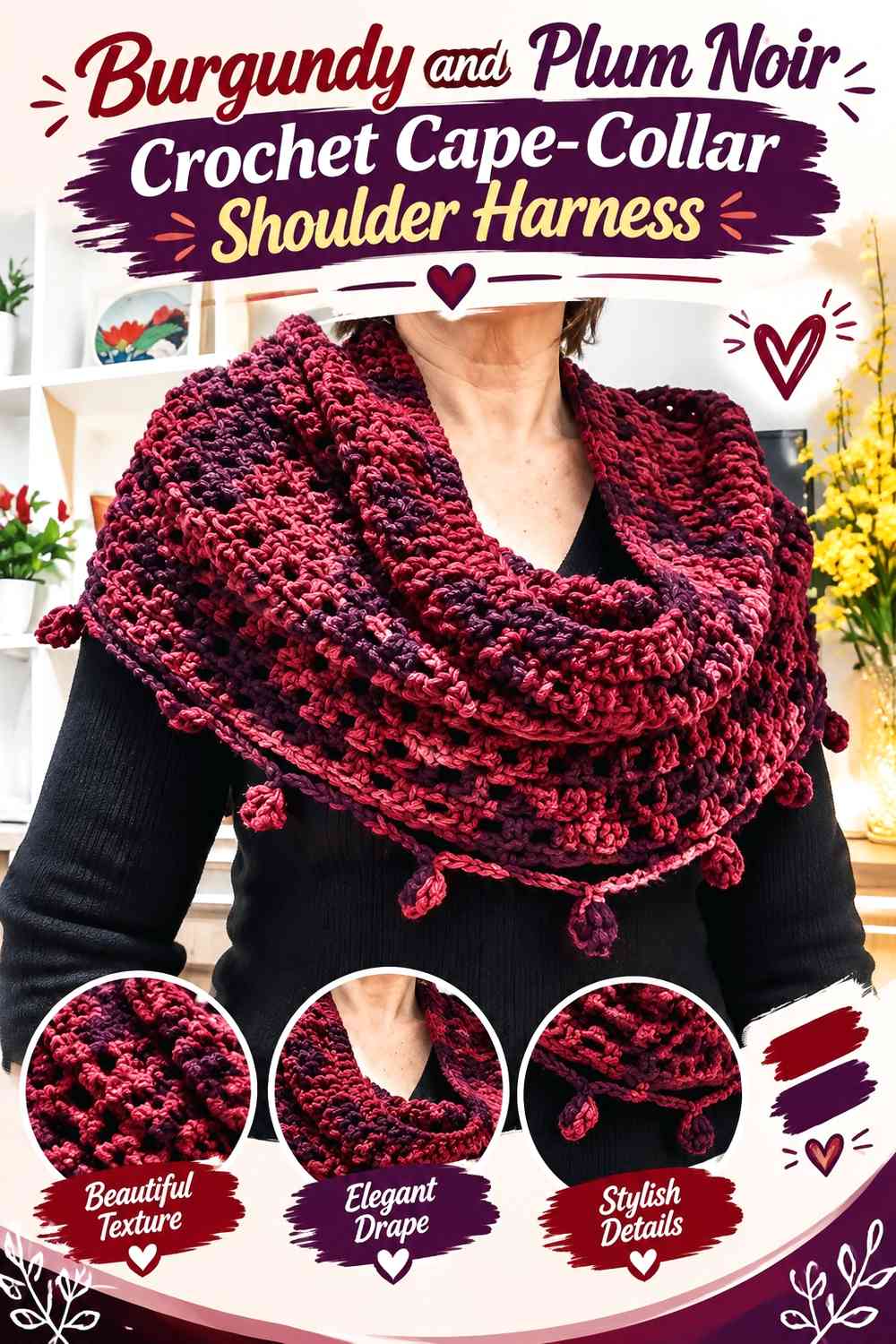 Burgundy and Plum Noir Crochet Cape-Collar Shoulder Harness