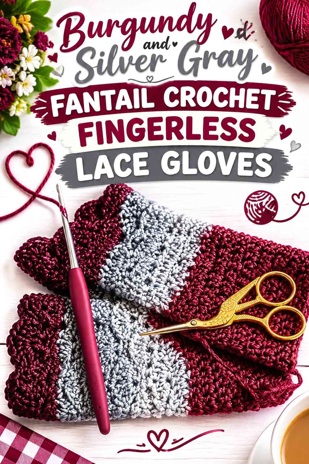 Burgundy and Silver Gray Fantail Crochet Fingerless Lace Gloves