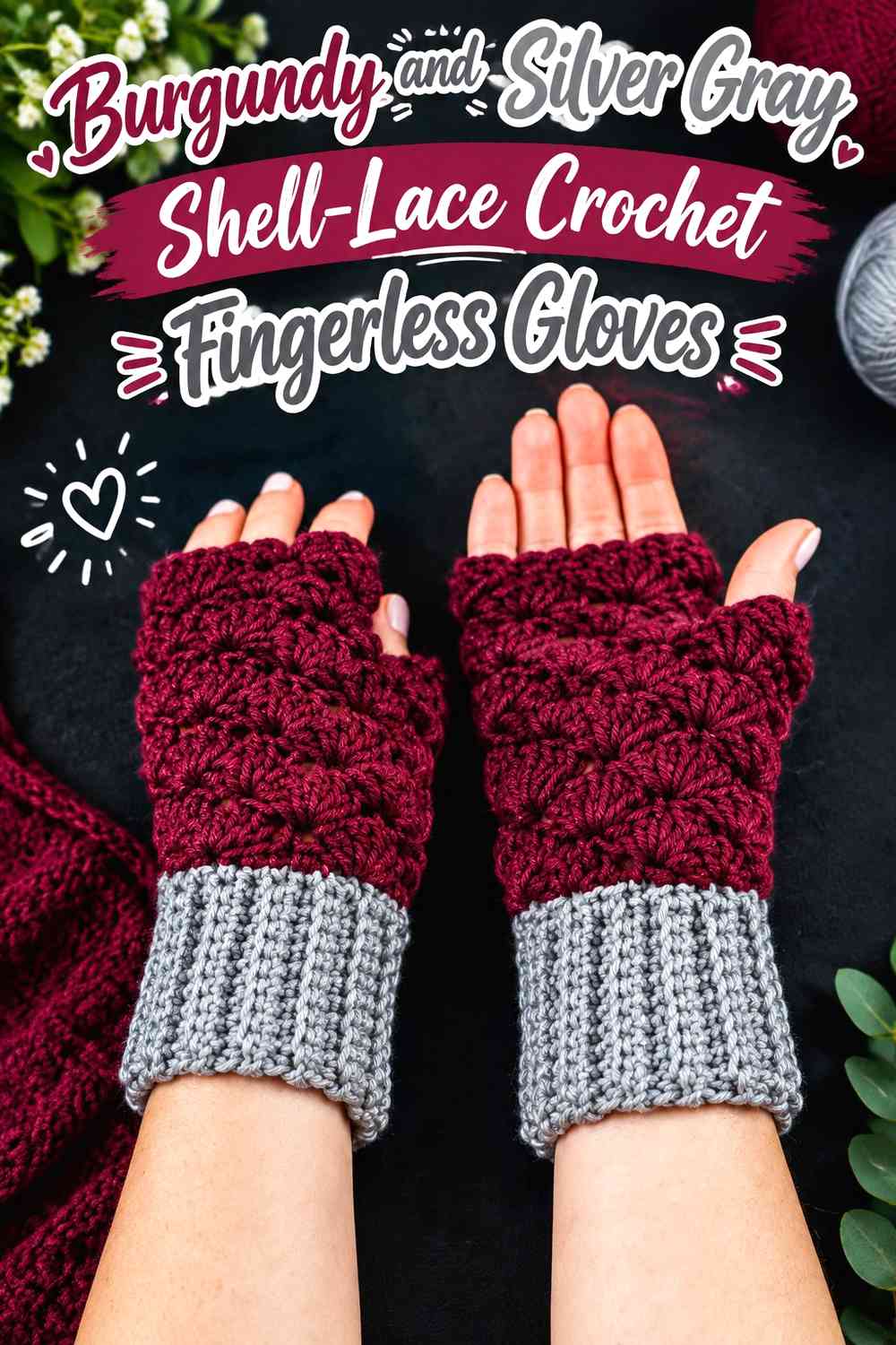 Burgundy and Silver Gray Shell-Lace Crochet Fingerless Gloves