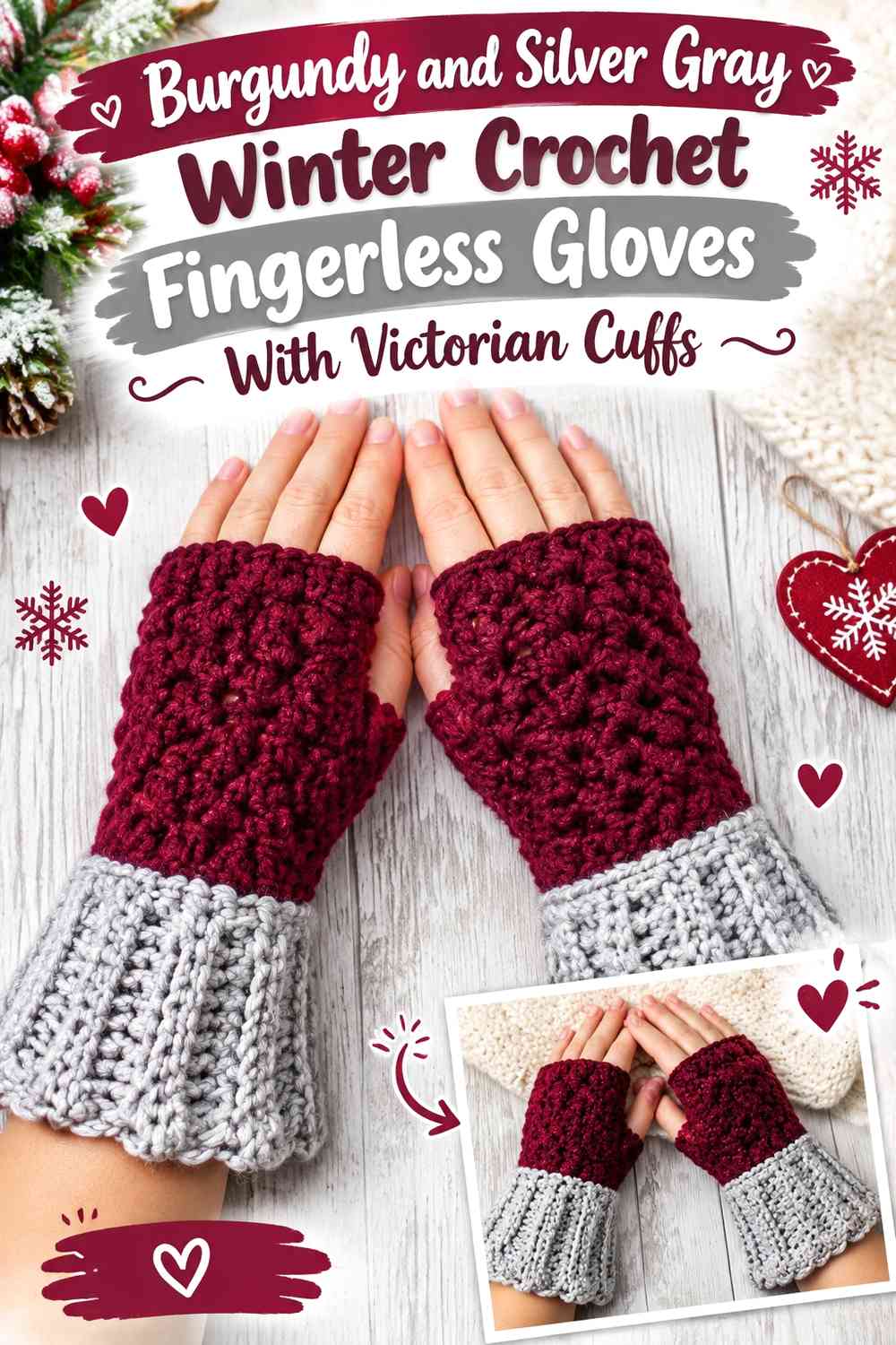 Burgundy and Silver Gray Winter Crochet Fingerless Gloves With Victorian Cuffs