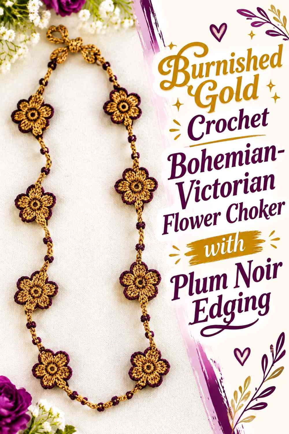 Burnished Gold Crochet Bohemian-Victorian Flower Choker with Plum Noir Edging