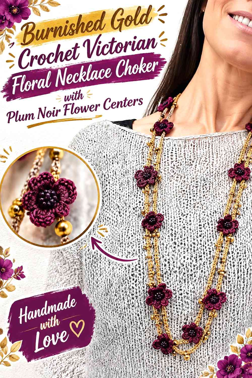 Burnished Gold Crochet Victorian Floral Necklace Choker with Plum Noir Flower Centers