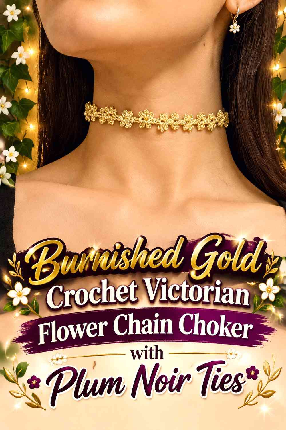Burnished Gold Crochet Victorian Flower Chain Choker with Plum Noir Ties