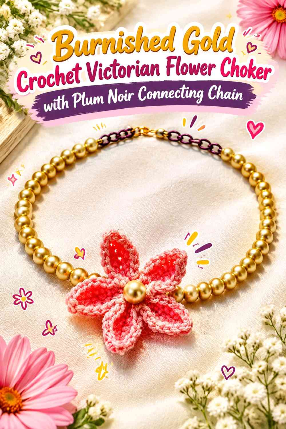 Burnished Gold Crochet Victorian Flower Choker with Plum Noir Connecting Chain