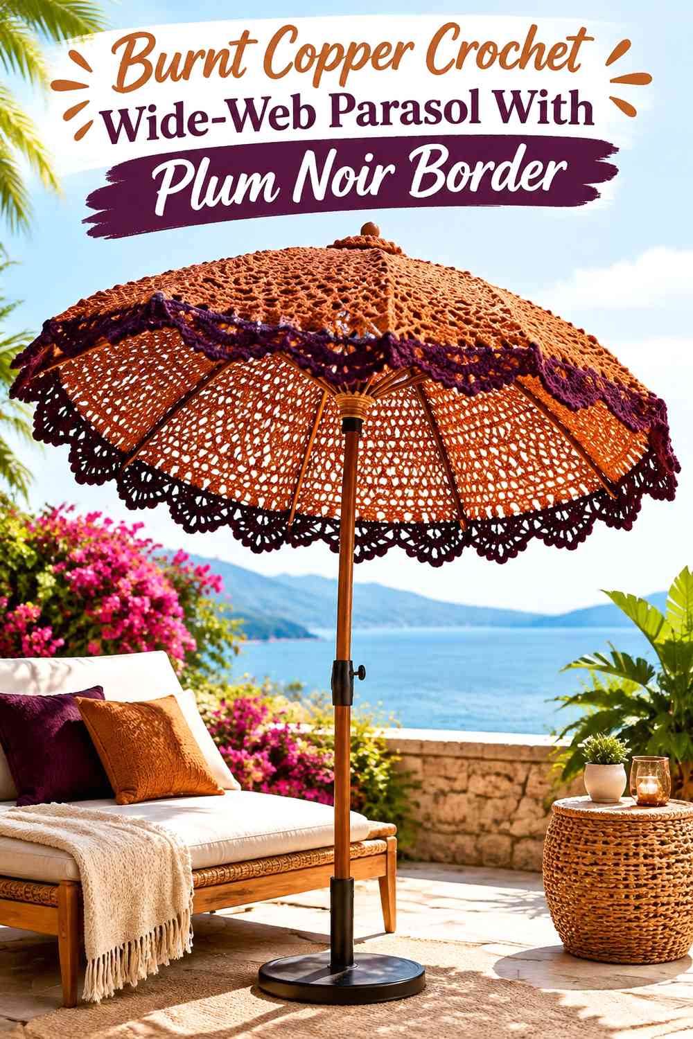 Burnt Copper Crochet Wide-Web Parasol With Plum Noir Border