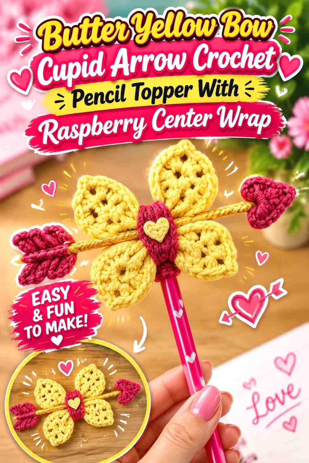 Butter Yellow Bow Cupid Arrow Crochet Pencil Topper With Raspberry Center Wrap