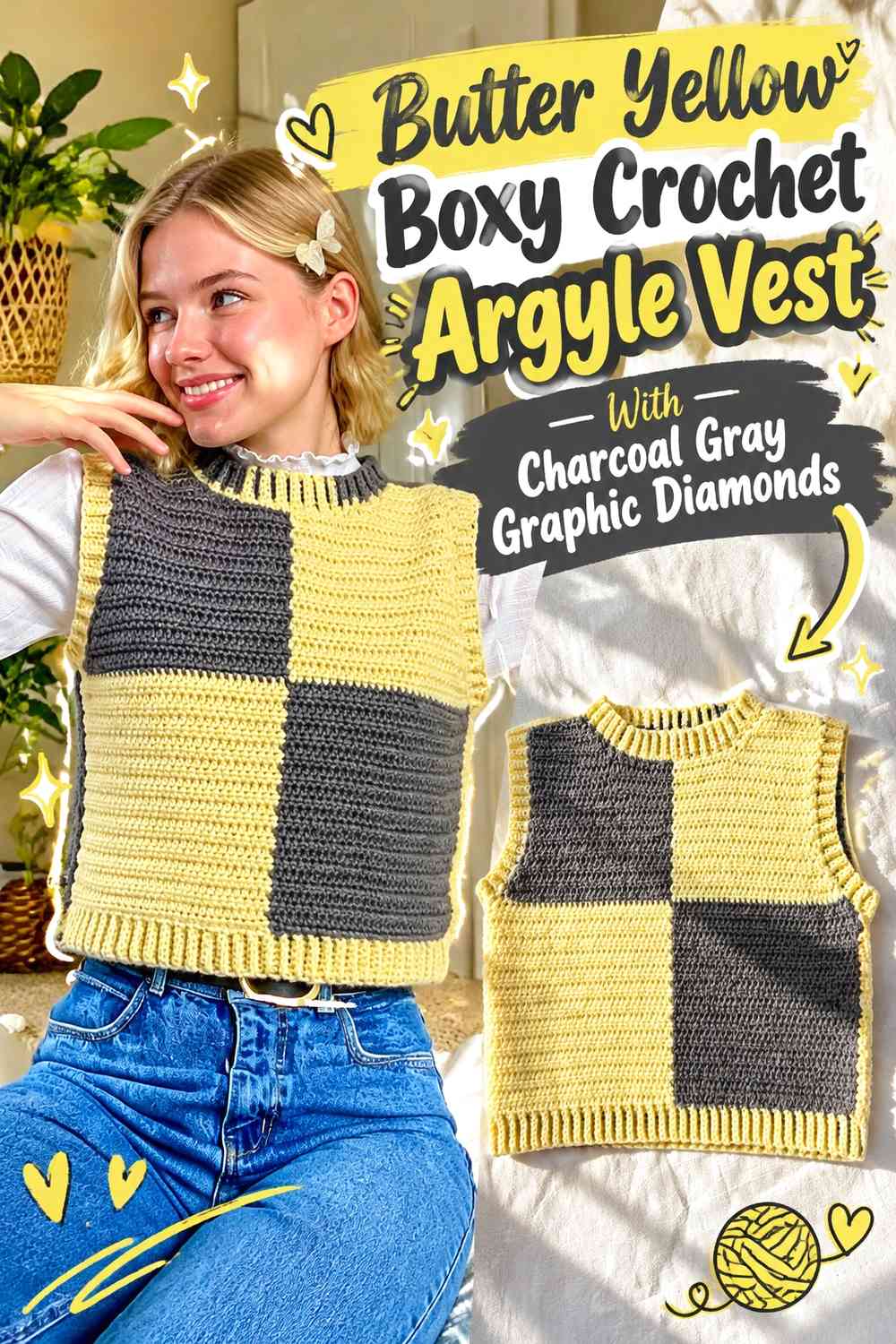 Butter Yellow Boxy Crochet Argyle Vest With Charcoal Gray Graphic Diamonds
