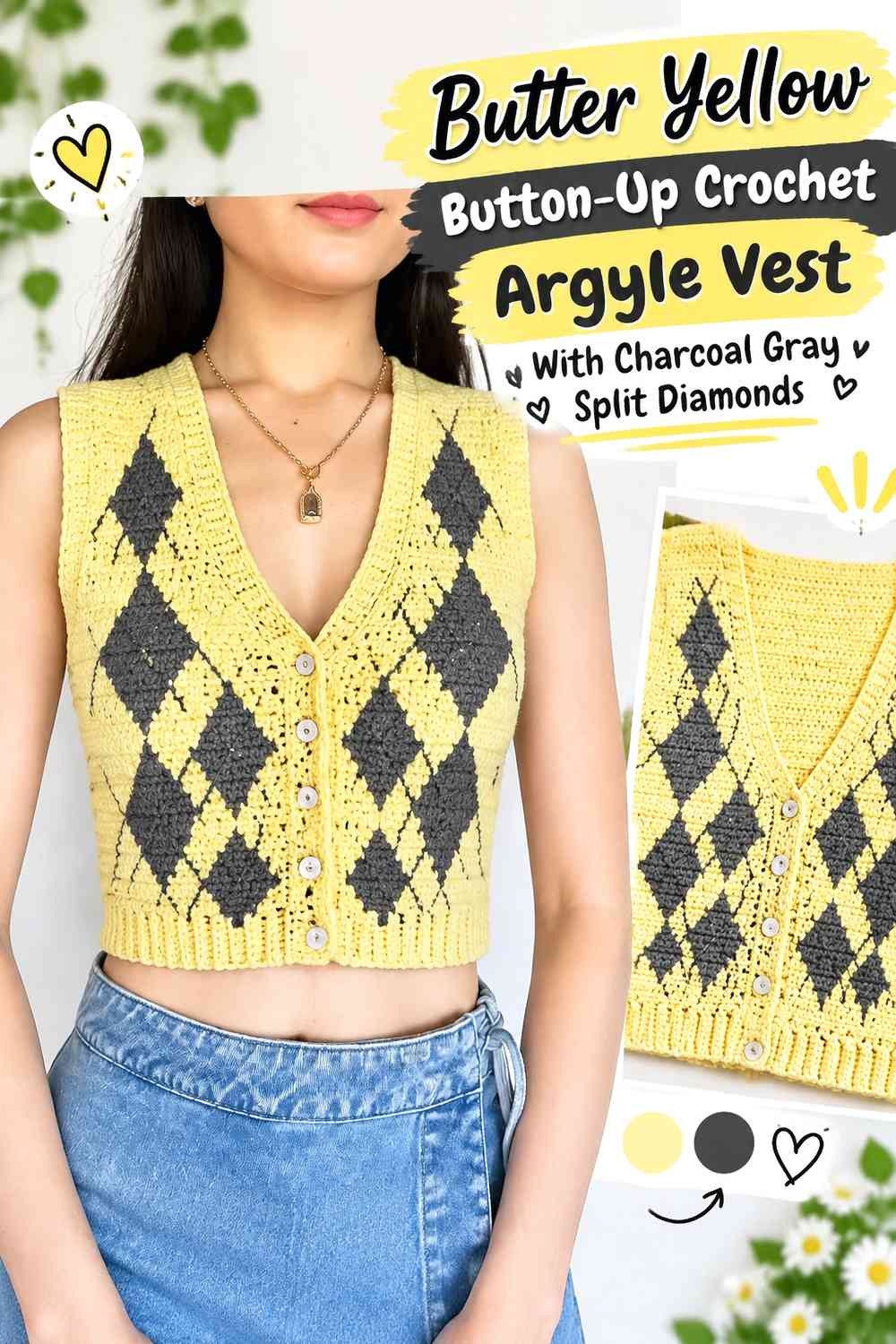 Butter Yellow Button-Up Crochet Argyle Vest With Charcoal Gray Split Diamonds