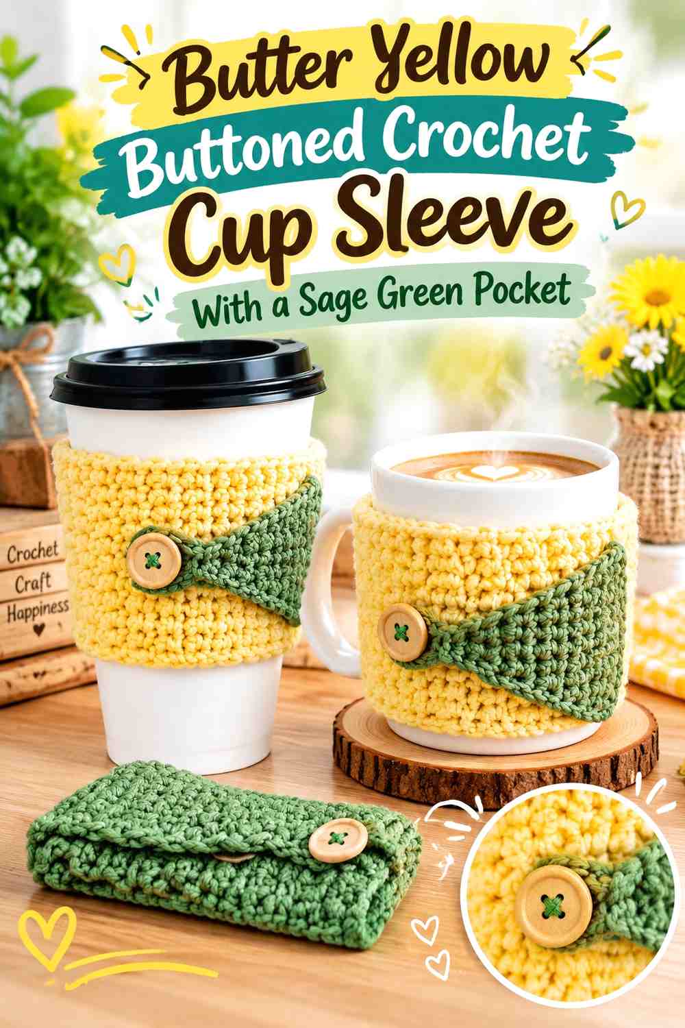 Butter Yellow Buttoned Crochet Cup Sleeve With a Sage Green Pocket