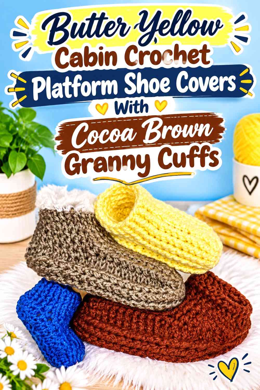 Butter Yellow Cabin Crochet Platform Shoe Covers With Cocoa Brown Granny Cuffs