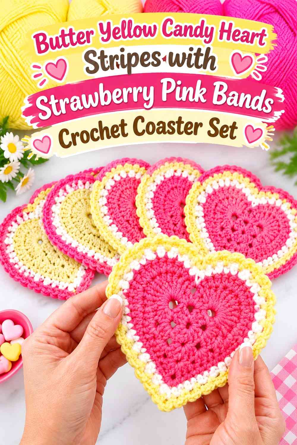Butter Yellow Candy Heart Stripes with Strawberry Pink Bands Crochet Coaster Set