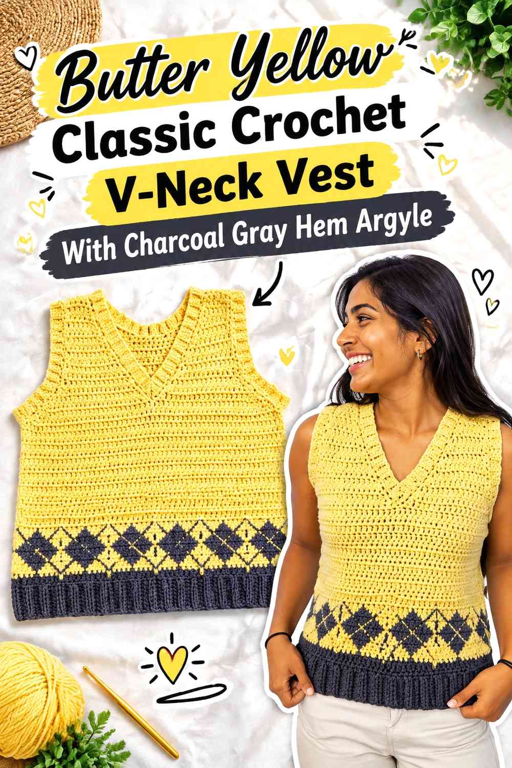 Butter Yellow Classic Crochet V-Neck Vest With Charcoal Gray Hem Argyle