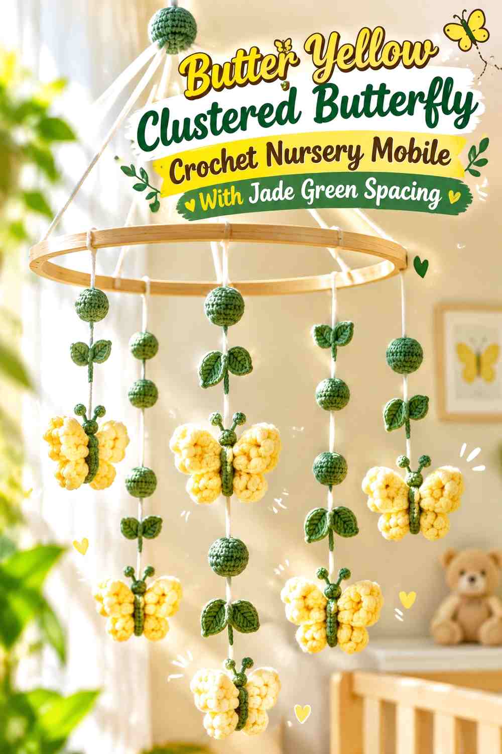 Butter Yellow Clustered Butterfly Crochet Nursery Mobile With Jade Green Spacing