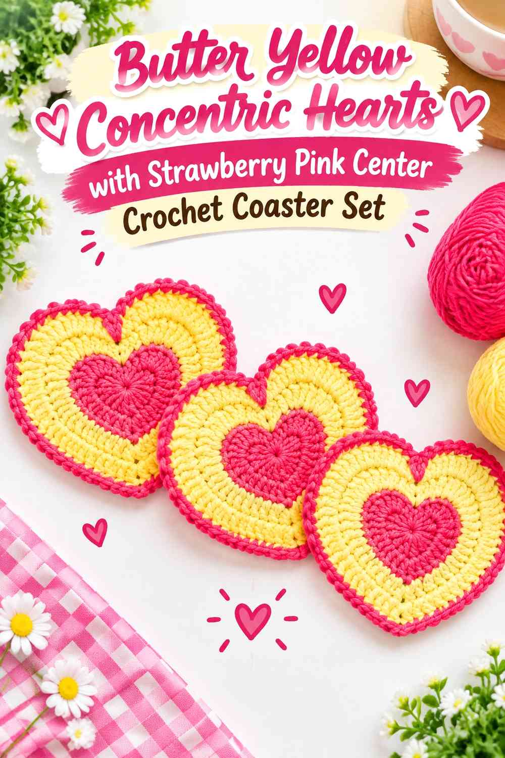 Butter Yellow Concentric Hearts with Strawberry Pink Center Crochet Coaster Set
