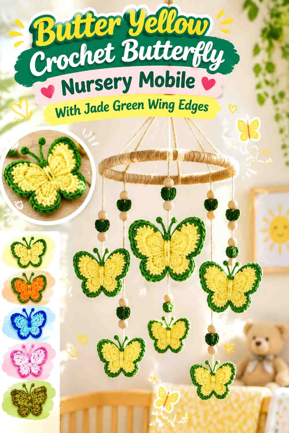 Butter Yellow Crochet Butterfly Nursery Mobile With Jade Green Wing Edges
