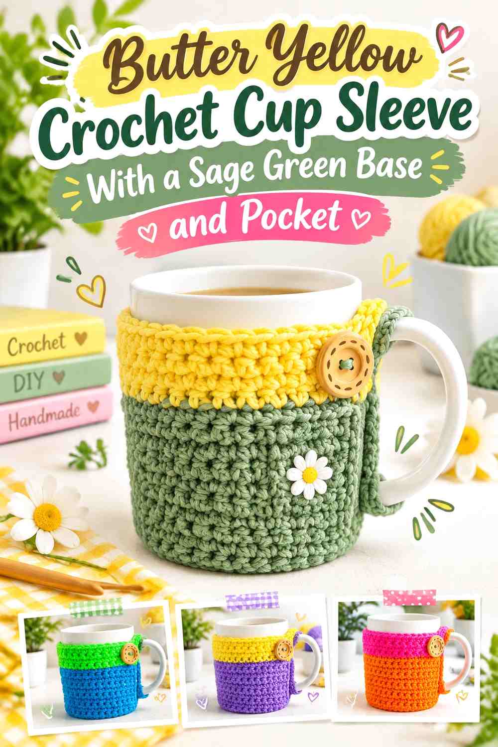 Butter Yellow Crochet Cup Sleeve With a Sage Green Base and Pocket