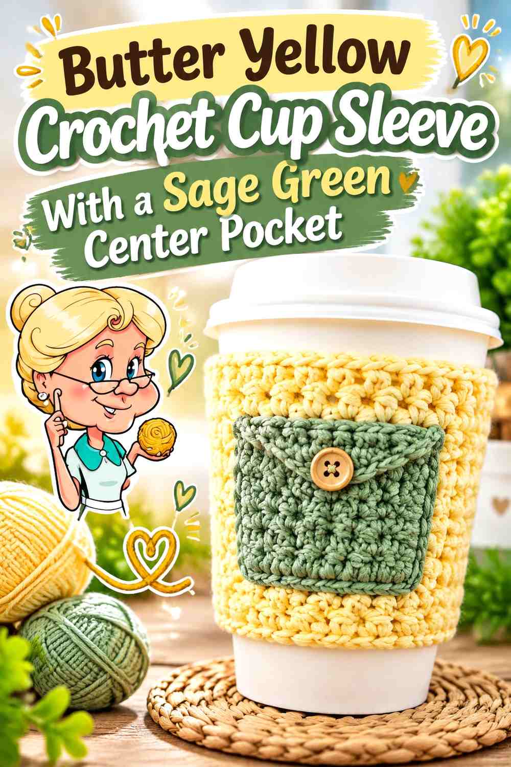 Butter Yellow Crochet Cup Sleeve With a Sage Green Center Pocket